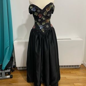 Vintage Silk Beaded Black Gown Tulle Skirt Off The Shoulder Homecoming